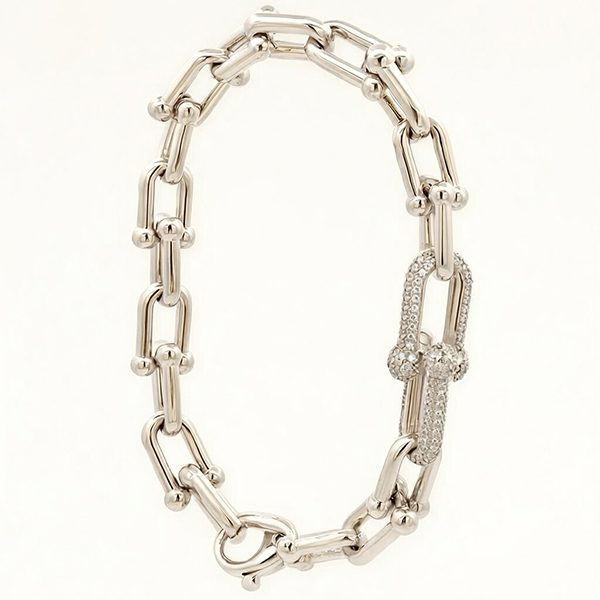 U- Armband rhodiniert  poliert weiße Zirkoniaelemente