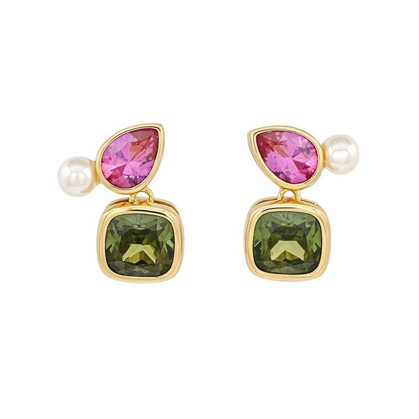 8269BG7 Ohrsteccker, Formmix, Perle, Zirkonia olivgrün, pink