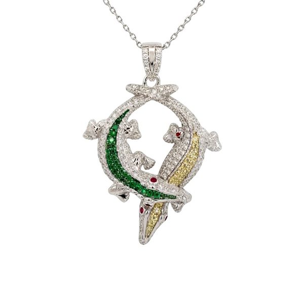 Anhänger inkl. Kette, Krokodile, rhodiniert, Zi weiß, rot , gelb , grün