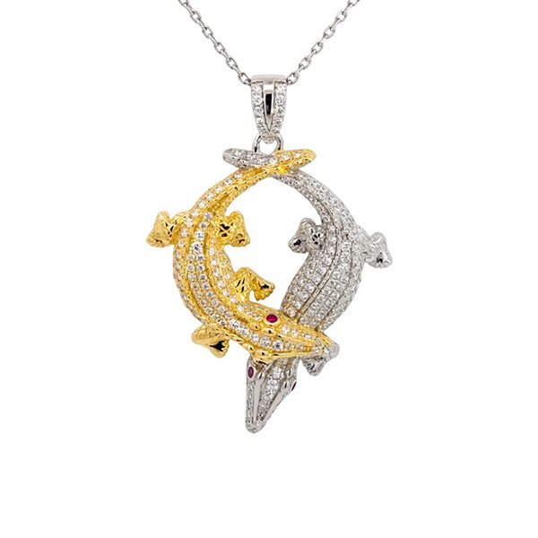 Anhänger inkl. Kette, Krokodile, bicolor, Zi weiß, rot 