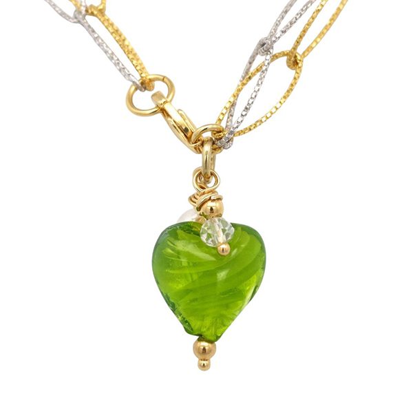 7892DGW Armband , mehrreihige ovale diamantierte Ketten, Glasherz grün , Perle, rhodiniert , gelbvergoldet