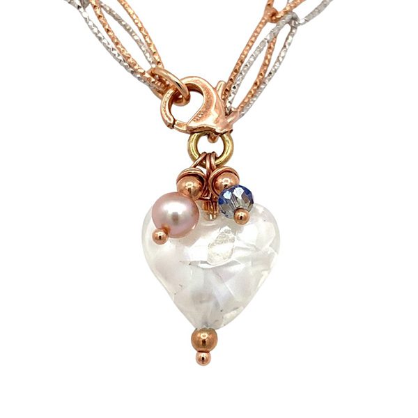 7892DWR Armband , mehrreihige ovale diamantierte Ketten, Glasherz weiß , Perle rosa, rhodiniert , rosevergoldet