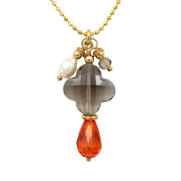 7915AG2 Anhänger inkl. Kugelkette, Silber , gelbvergoldet, Kleeblatt grau, Tropfen orange, facettiert, Perle