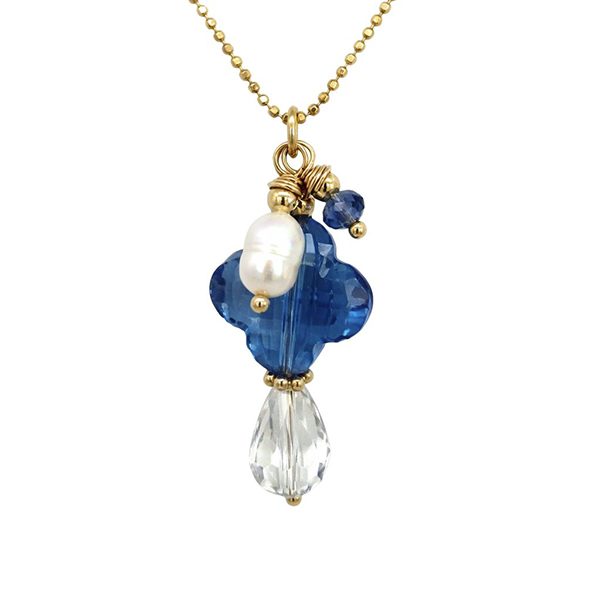 7915AG4 Anhänger inkl. Kugelkette, Silber , gelbvergoldet, Kleeblatt blau, Tropfen grau, facettiert, Perle