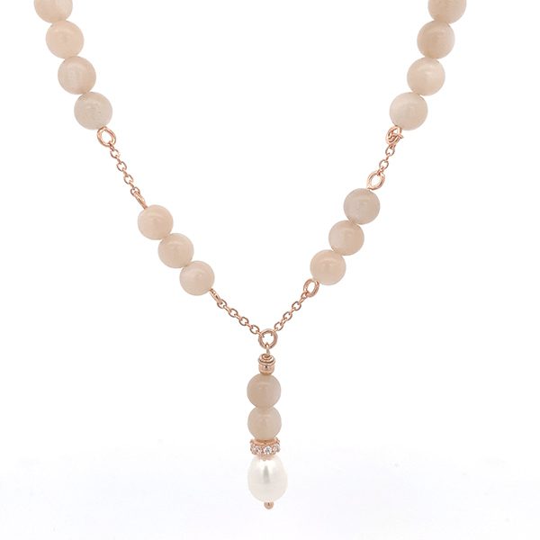 8287AR Rosenkrankähnliches Collier rosa synth. tigeraugenkugeln weißes Zirkoniaelement eine perle