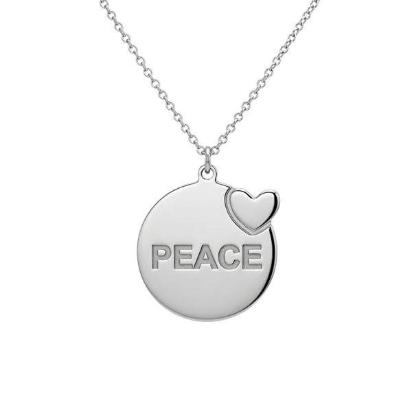 6327AW Rundes poliertes Plattchen , eingraviertes Herz , Peace Schriftzug , rhodiniert