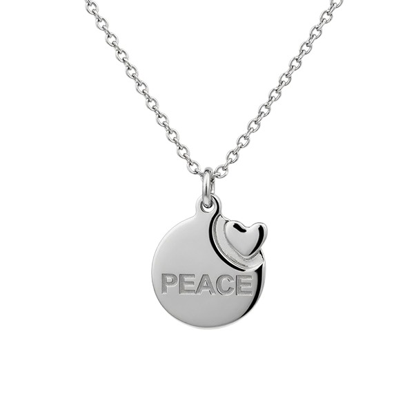 6328AW Rundes poliertes Plattchen , eingraviertes Herz , Peace Schriftzug , rhodiniert