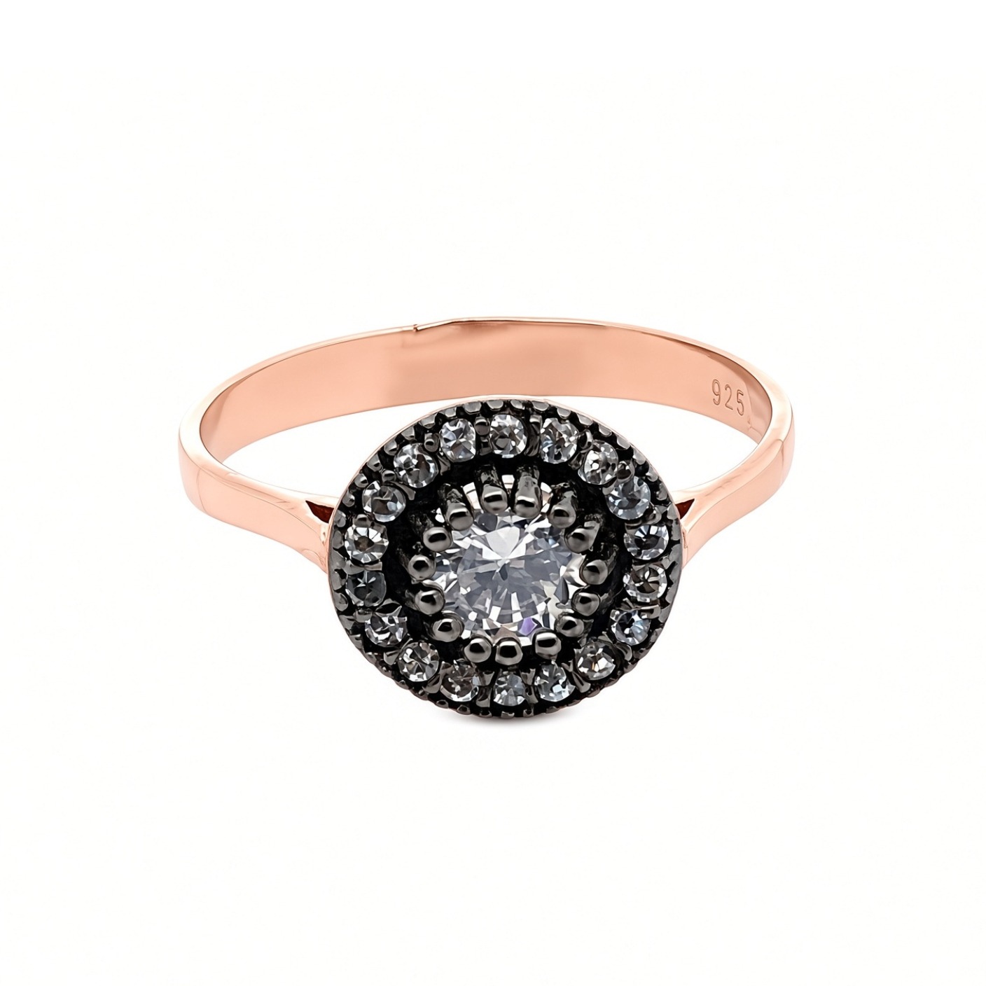 6552C0 Ring, rund, rosevergoldet, zum Teil gechwärzt, weiße Zirkoniasteine
