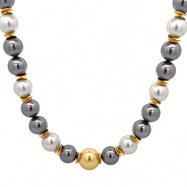 8370AG Muschelkerncollier, gelb, anthrazit, grau, vergoldete Zwischenteile