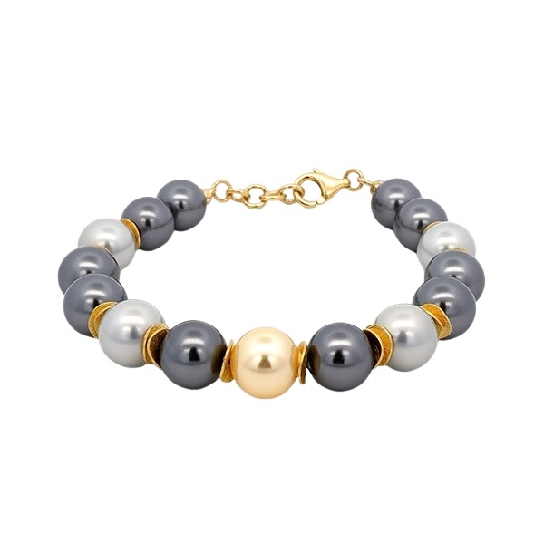 8370DG Muschelkern-Armband, gelb, anthrazit, grau, vergoldete Zwischenteile